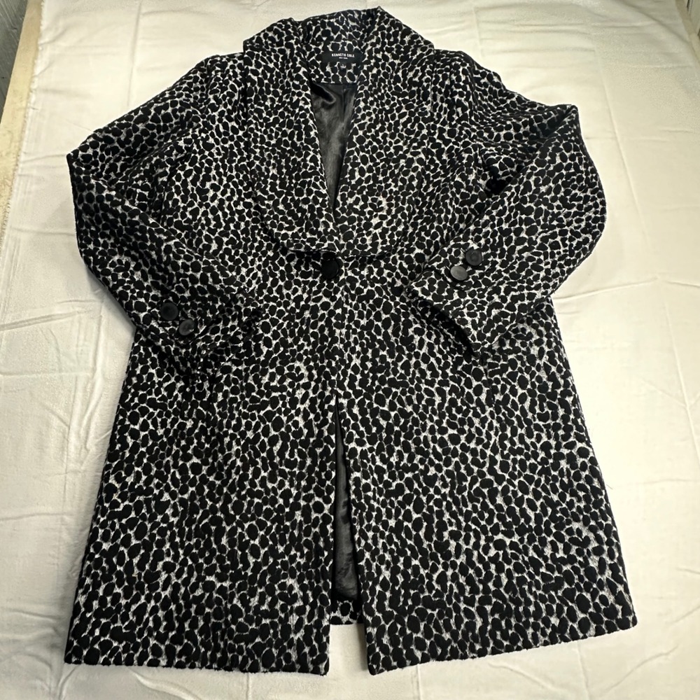 Kenneth Cole New York Black White Leopard Print Wool Blend Coat 177KX585 L